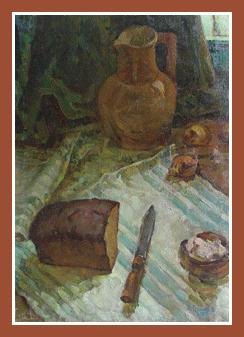 14034 "Still life with bread and salt" (oil on canvas, 27"x19", 1977) Russian Art Exhibition in Art Danish 2005